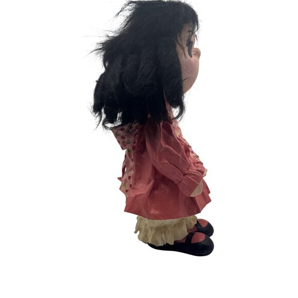 Handmade Vintage Paper Mache Doll With Strawberry Print Apron & Curly Black Hair - Picture 8 of 8